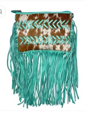 Genuine Cowhide Turquoise Fringe Crossbody Bag
